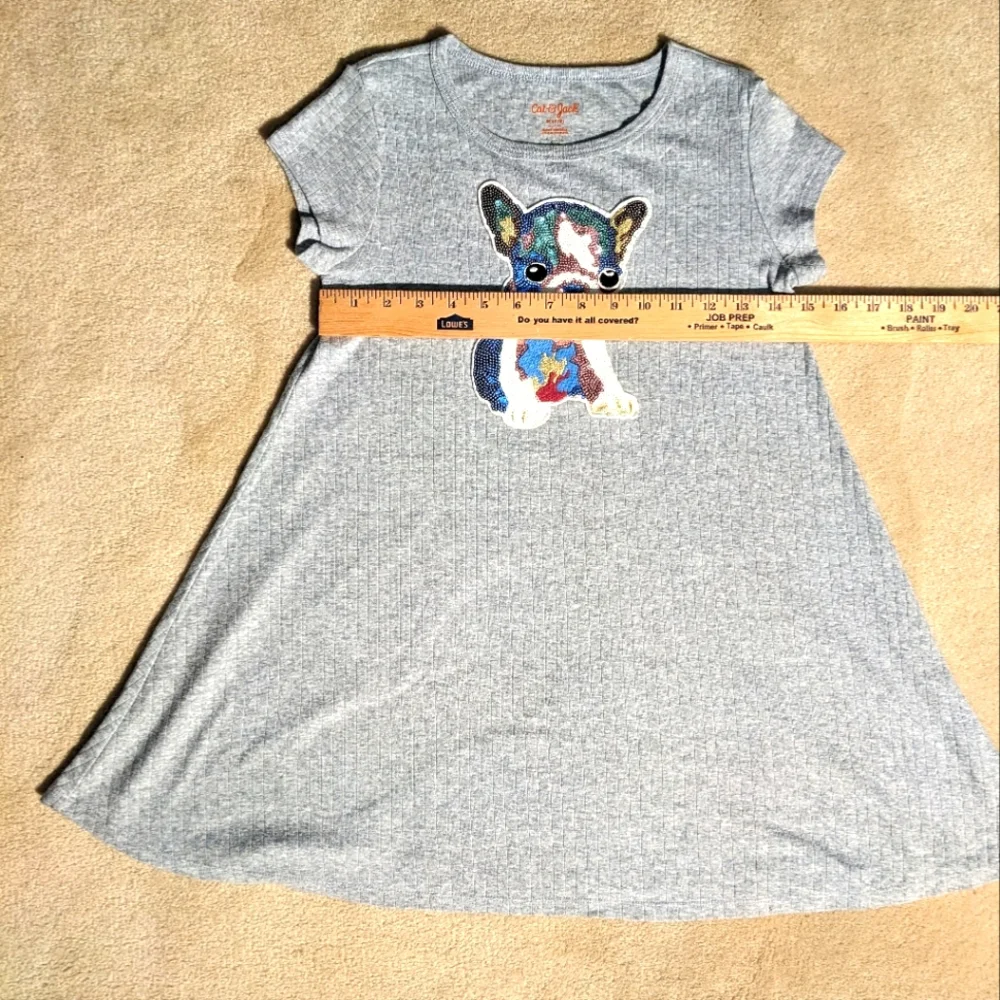 Girls Cat & Jack gray short‎ sleeve dress W/sequin puppy| size 7-8